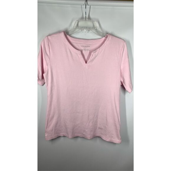 Talbots Women's Solid Cotton Split Neck Short Sleeve T-Shirt Pink Size Medium - Picture 1 of 7